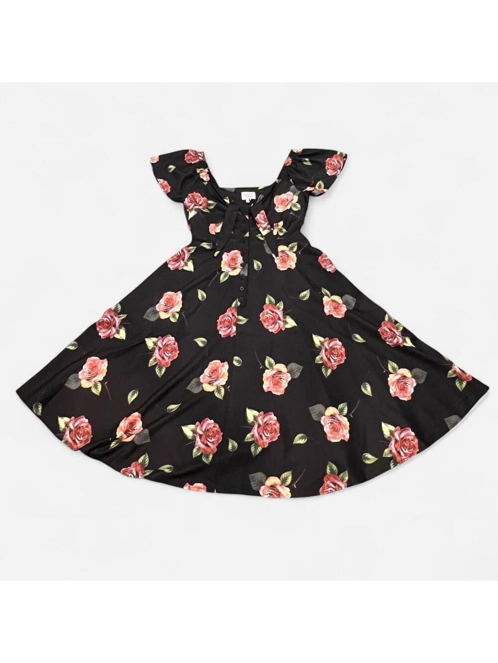 Unique Vintage Black Floral Fit-and-Flare Dress with Pink Roses
